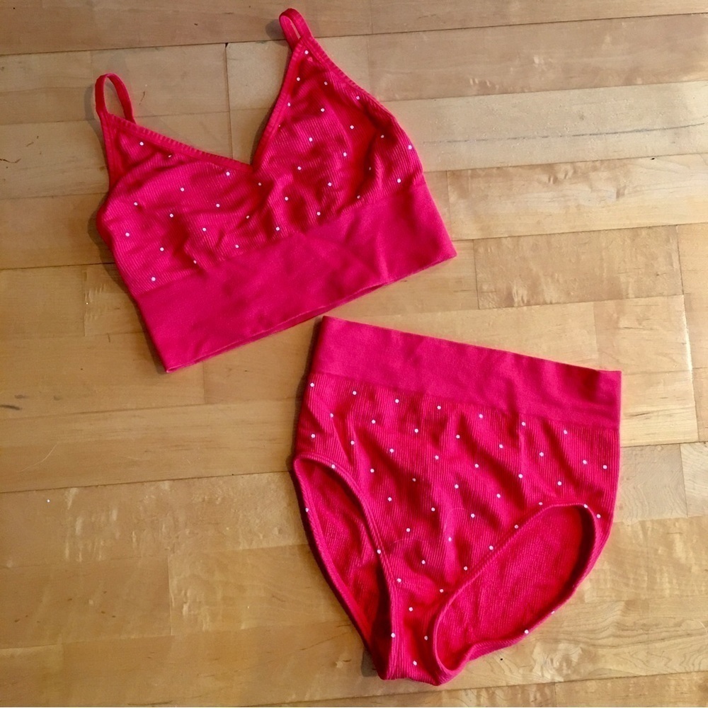 LOFT 2 pc Ribbed, Polka Dot Lounge Underwear Set, Red, White, Size XS | S